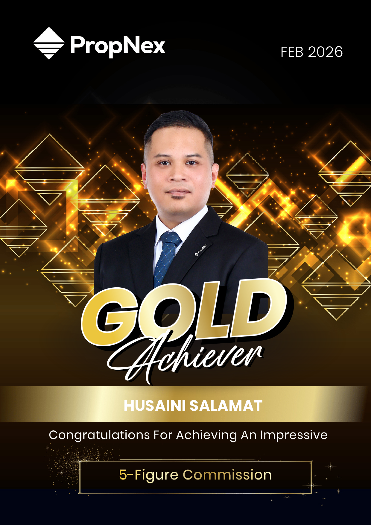 PropNex Gold Achiever award for Husaini Salamat, February 2026, 5-Figure Commission.